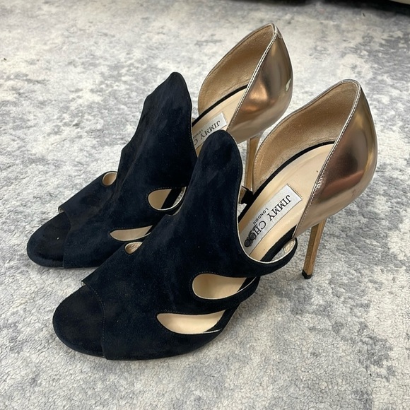 Jimmy Choo Black Suede Gold Toysen d’Orsay Leather Pumps Booties Sz 40 - Picture 3 of 15